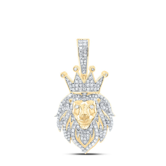 0.59 Ctw Natural Diamond Lion Head King Crown Pendant in 10k Yellow Gold