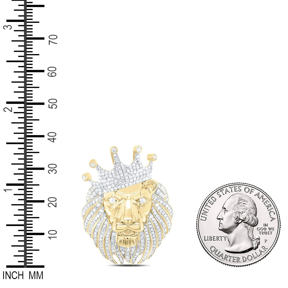1.07 Ctw Natural Diamond Crown Lion King Head Animal Pendant in 10k Yellow Gold