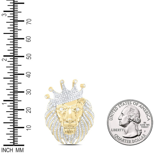 1.07 Ctw Natural Diamond Crown Lion King Head Animal Pendant in 10k Yellow Gold