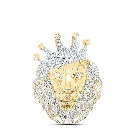 1.07 Ctw Natural Diamond Crown Lion King Head Animal Pendant in 10k Yellow Gold