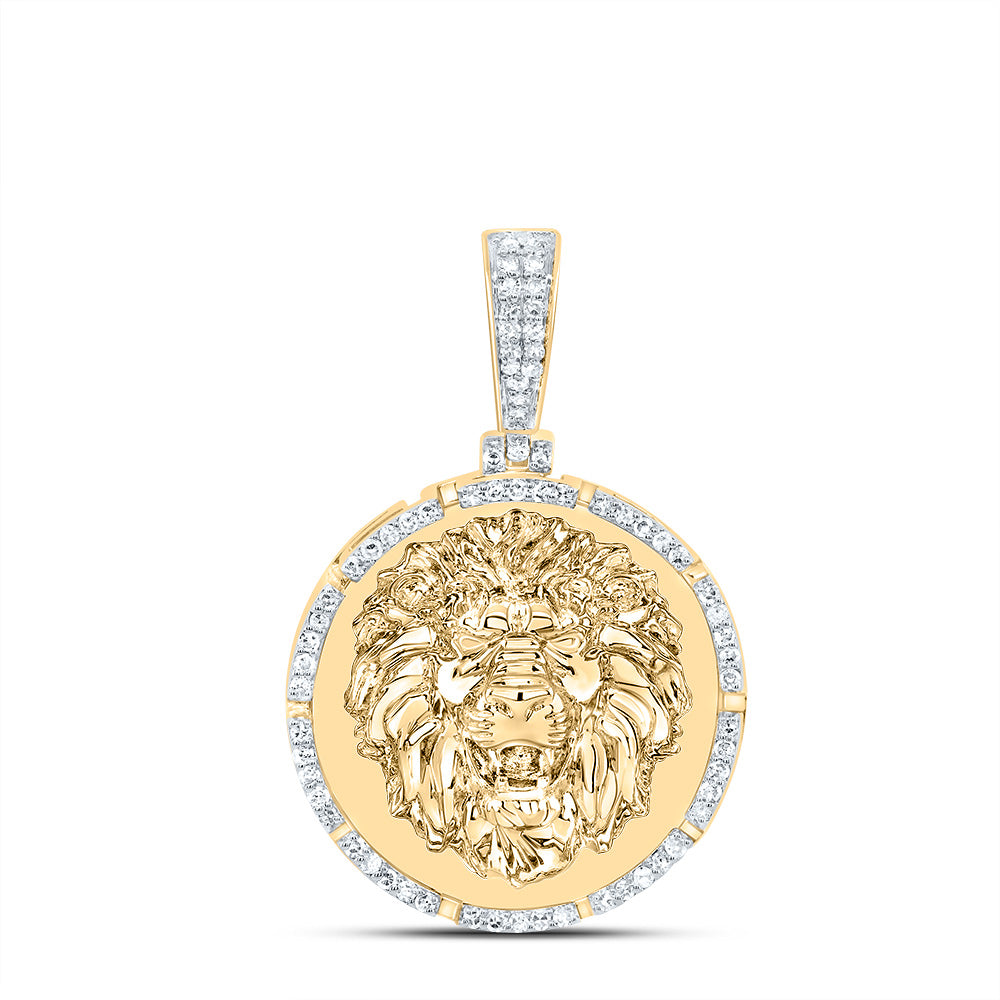 0.28 Ctw Natural Diamond Lion Head Medallion Animal Pendant in 10k Yellow Gold
