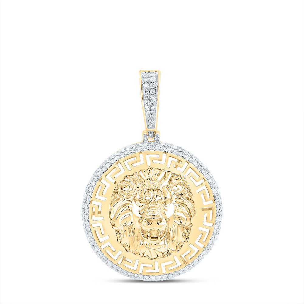0.62 Ctw Natural Diamond Lion King Head Medallion Greek Pendant in 10k Yellow Gold