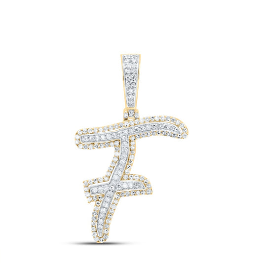 0.69 Ctw Natural Diamond Cursive Initial Letter Alphabet F Pendant in 10k Yellow Gold