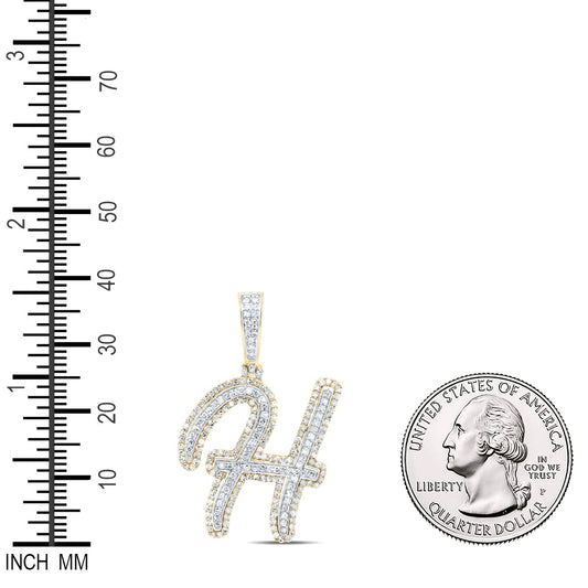 0.99 Ctw Natural Diamond Cursive Initial Letter Alphabet H Pendant in 10k Yellow Gold