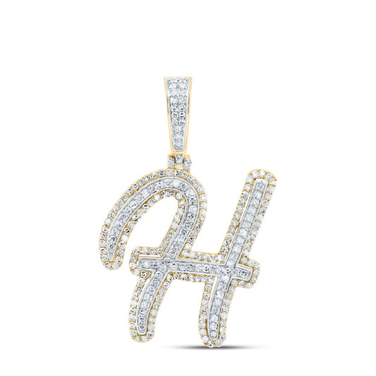 0.99 Ctw Natural Diamond Cursive Initial Letter Alphabet H Pendant in 10k Yellow Gold