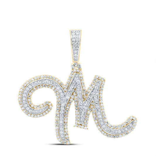 1.23 Ctw Natural Diamond Cursive Initial Letter Alphabet M Pendant in 10k Yellow Gold