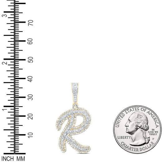 0.86 Ctw Natural Diamond Cursive Initial Letter Alphabet R Pendant in 10k Yellow Gold