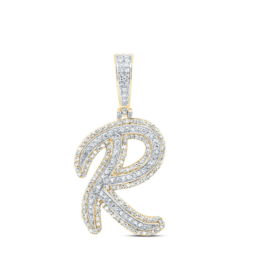 0.86 Ctw Natural Diamond Cursive Initial Letter Alphabet R Pendant in 10k Yellow Gold