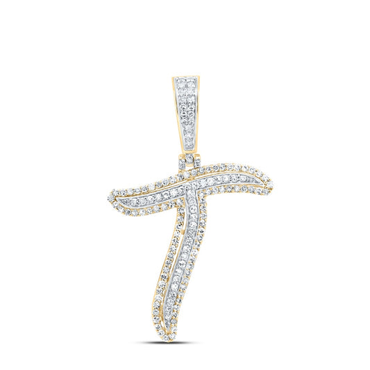 0.58 Ctw Natural Diamond Cursive Initial Letter Alphabet T Pendant in 10k Yellow Gold