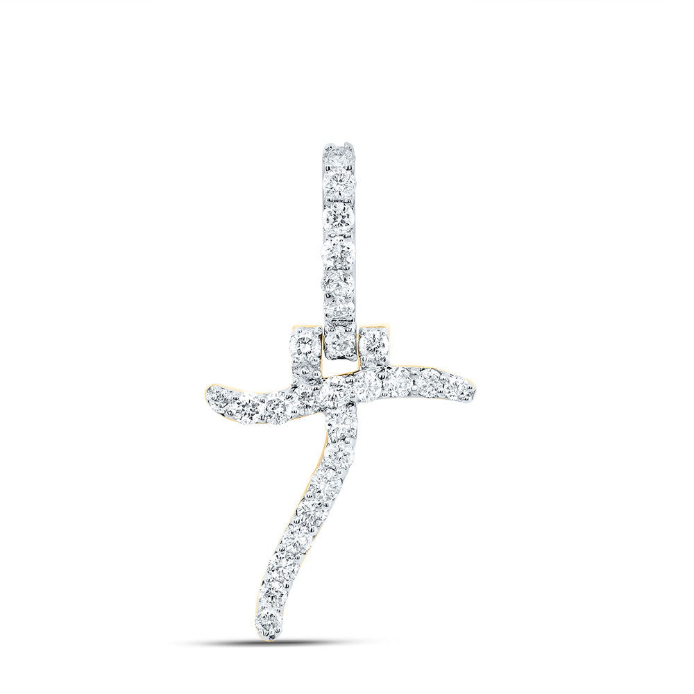 0.42 Ctw Natural Diamond Italic Initial Letter T Pendant in 10k Yellow Gold