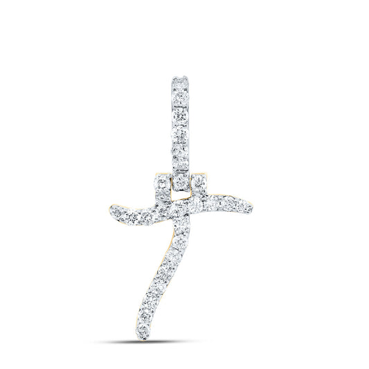 0.42 Ctw Natural Diamond Italic Initial Letter T Pendant in 10k Yellow Gold