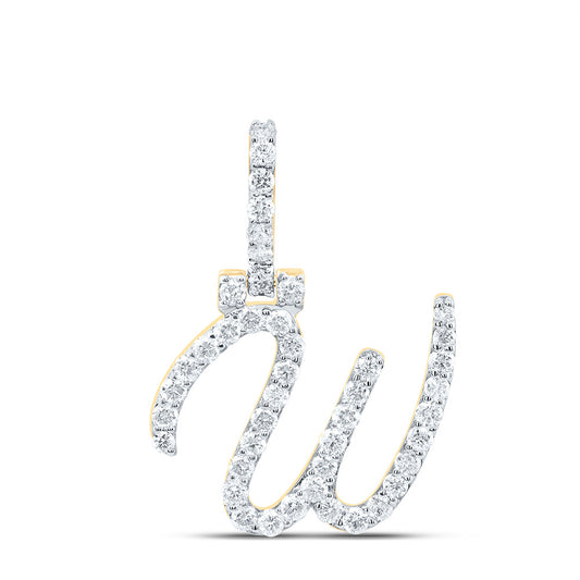 0.74 Ctw Natural Diamond Italic Initial Letter W Pendant in 10k Yellow Gold