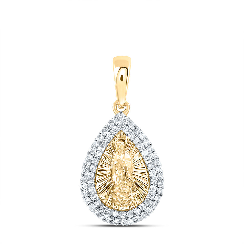 0.28 Ctw Natural Diamond Teardrop Mother Mary Religious Pendant in 14k Yellow Gold