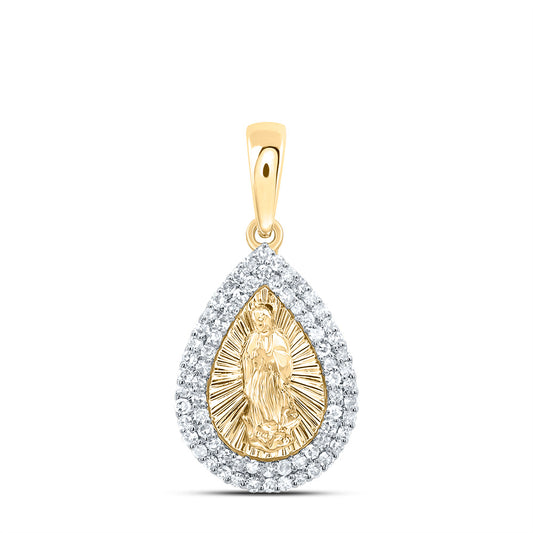0.28 Ctw Natural Diamond Teardrop Mother Mary Religious Pendant in 14k Yellow Gold