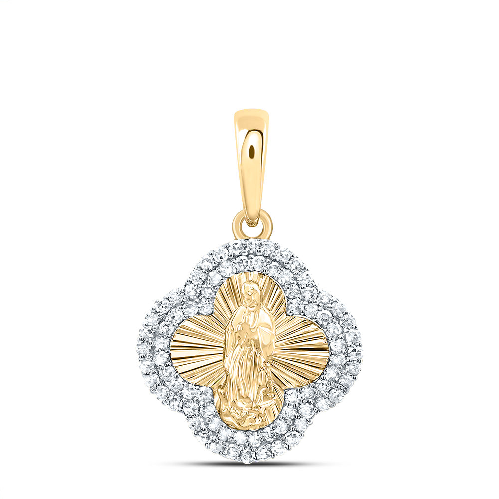 0.31 Ctw Natural Diamond Center Illusion Mother Mary Clover Pendant in 14k Yellow Gold