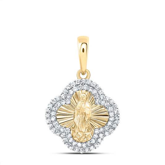 0.31 Ctw Natural Diamond Center Illusion Mother Mary Clover Pendant in 14k Yellow Gold