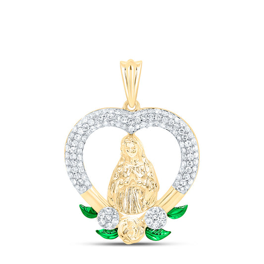 0.48 Ctw Natural Diamond Green Open Heart Mother Mary Pendant in 14k Yellow Gold
