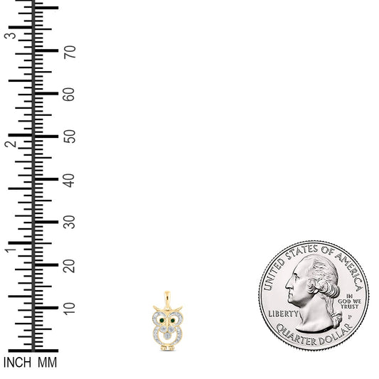 0.11 Ctw Natural Diamond Black Eyes Owl Goodluck Pendant in 10k Yellow Gold