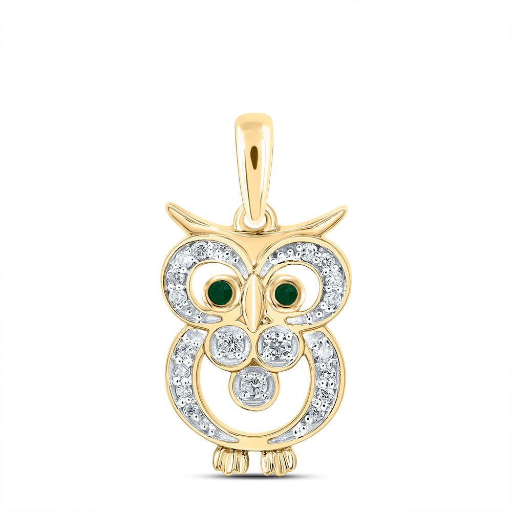 0.11 Ctw Natural Diamond Black Eyes Owl Goodluck Pendant in 10k Yellow Gold