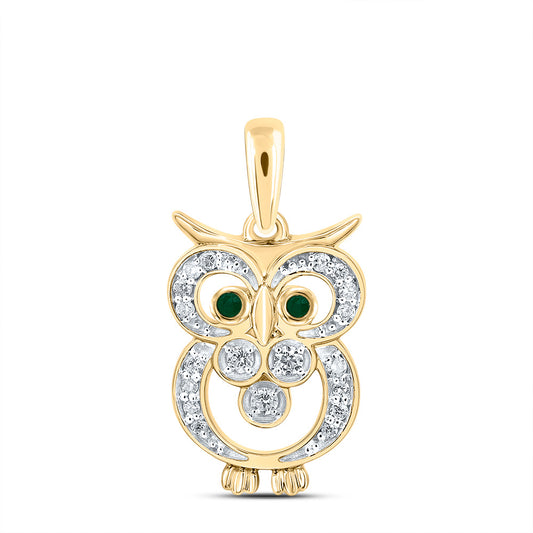 0.11 Ctw Natural Diamond Black Eyes Owl Goodluck Pendant in 10k Yellow Gold