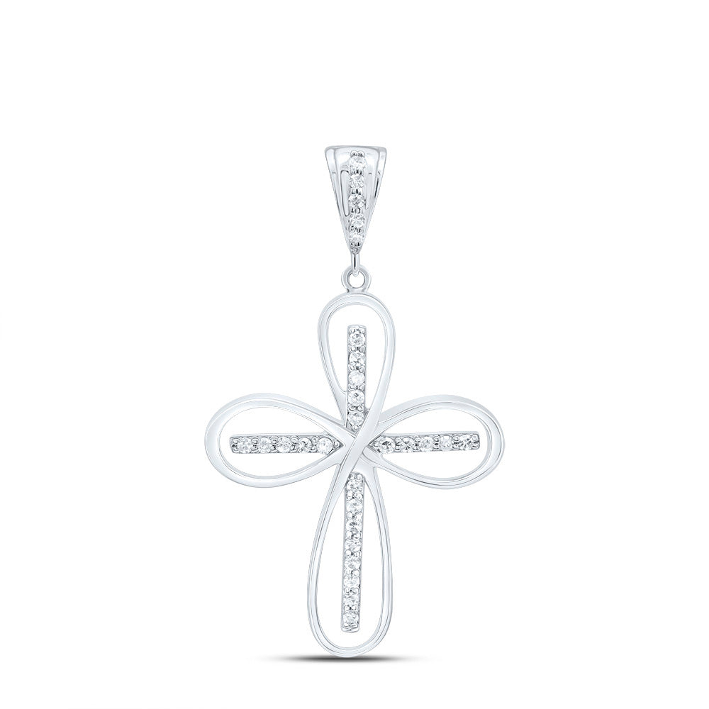 0.19 Ctw Natural Diamond Floral Cross Religious Pendant in Sterling Silver