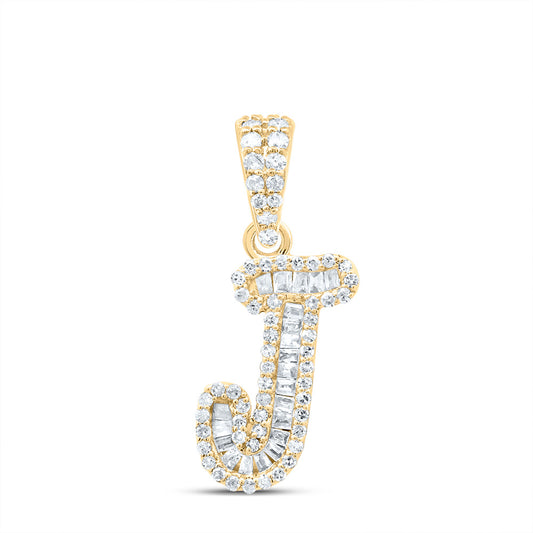 0.27 Ctw Natural Diamond Baguette Hiphop Initial Letter J Pendant in 10k Yellow Gold