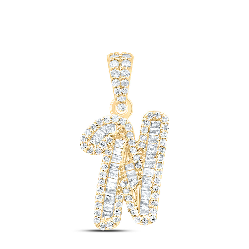 0.36 Ctw Natural Diamond Baguette Hiphop Initial Letter N Pendant in 10k Yellow Gold