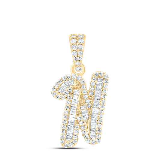 0.36 Ctw Natural Diamond Baguette Hiphop Initial Letter N Pendant in 10k Yellow Gold