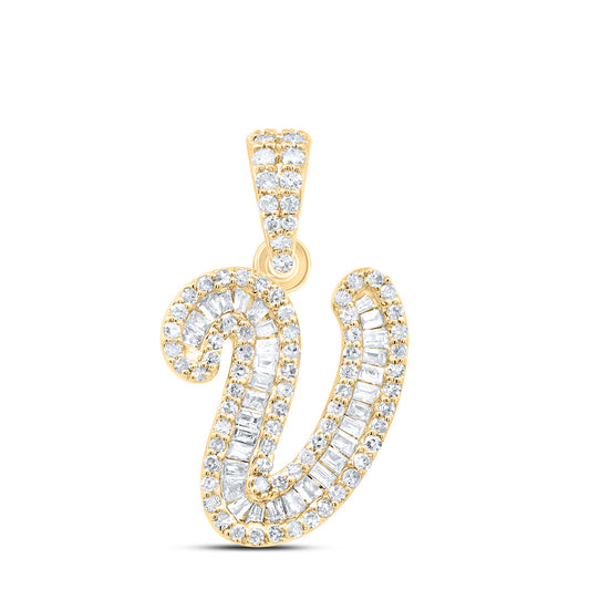 0.37 Ctw Natural Diamond Hiphop Cursive Initial Letter V Pendant in 10k Yellow Gold