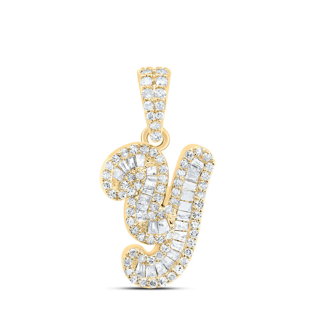 0.35 Ctw Natural Diamond Hiphop Curvise Initial Letter Y Pendant in 10k Yellow Gold