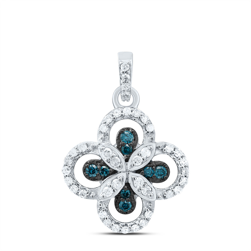 0.26 Ctw Natural Diamond Flower Blue Colored Diamond Pendant in 10k White Gold