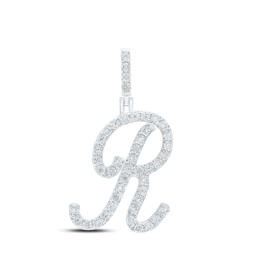 0.19 Ctw Natural Diamond Cursive Initial Letter Alphabet R Pendant in Sterling Silver