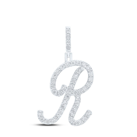 0.19 Ctw Natural Diamond Cursive Initial Letter Alphabet R Pendant in Sterling Silver