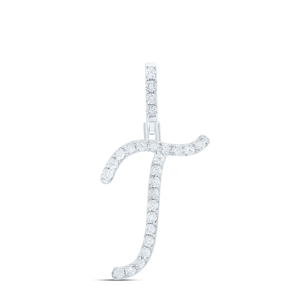 0.1 Ctw Natural Diamond Cursive Initial Letter T Pendant in Sterling Silver