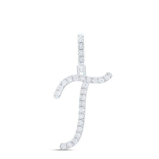 0.1 Ctw Natural Diamond Cursive Initial Letter T Pendant in Sterling Silver