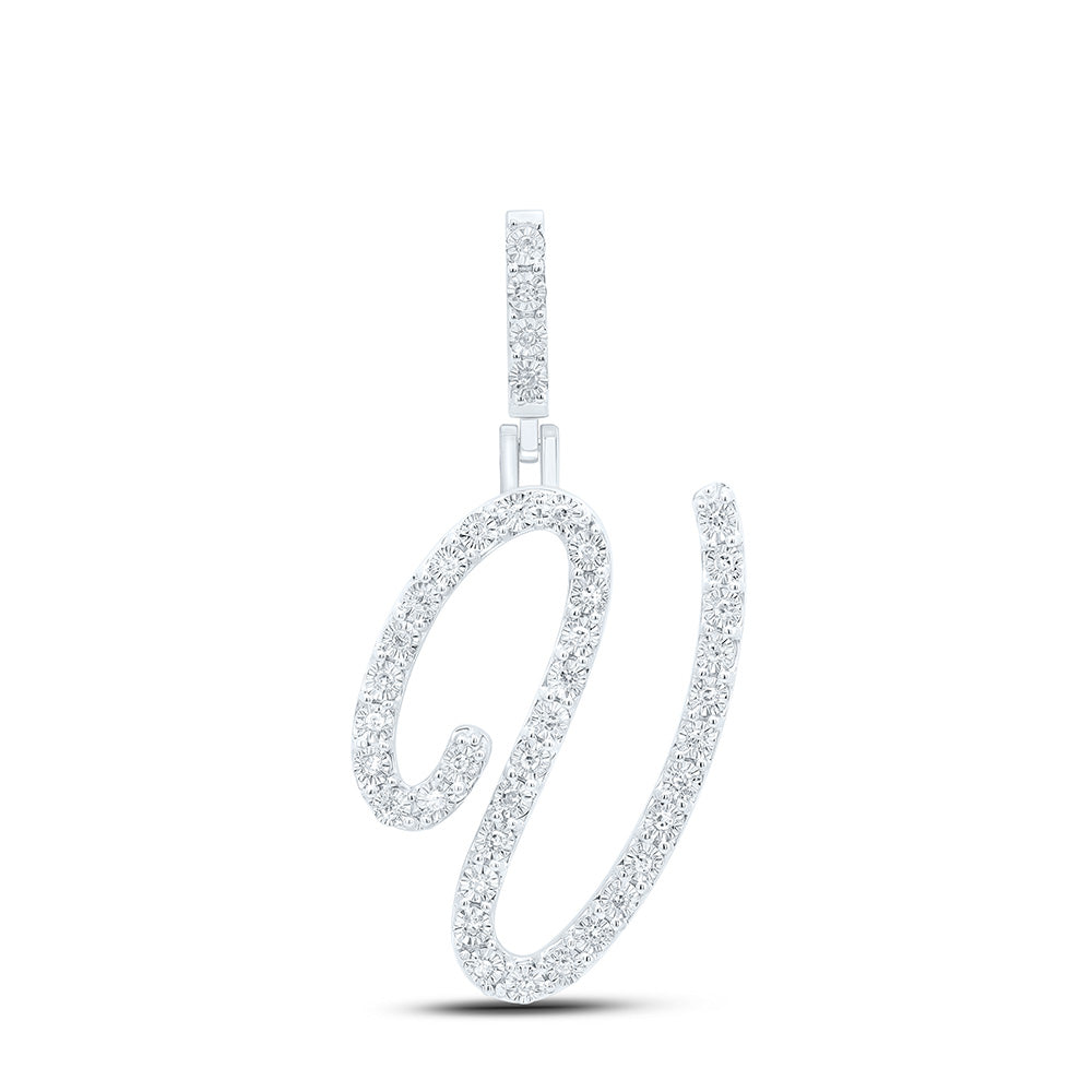 0.15 Ctw Natural Diamond Cursive Initial Letter V Pendant in Sterling Silver