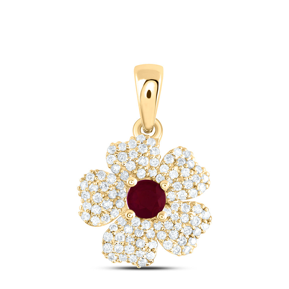 0.55 Ctw Natural Diamond Flower Heart Center Red Pendant in 14k Yellow Gold