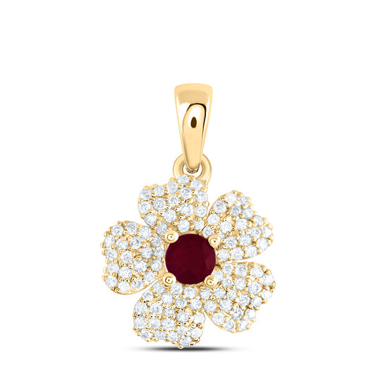 0.55 Ctw Natural Diamond Flower Heart Center Red Pendant in 14k Yellow Gold