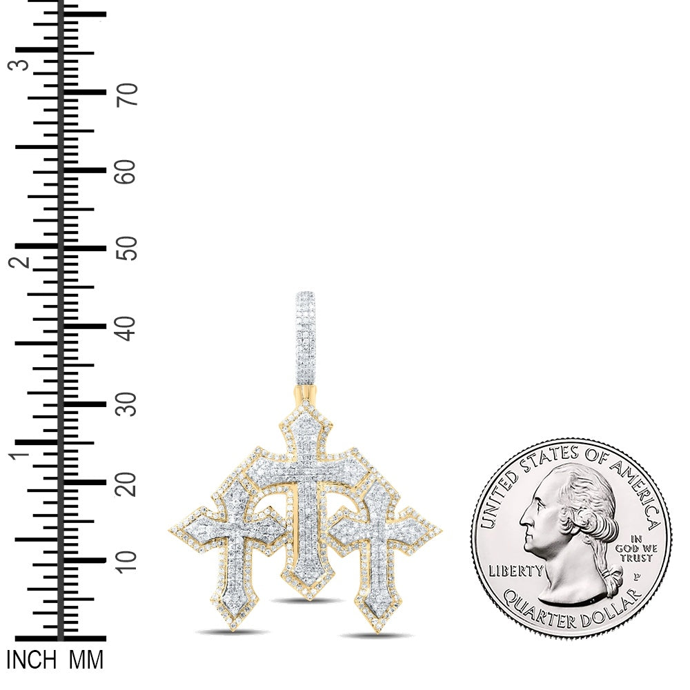 1.28 Ctw Natural Diamond 3 Three Cross Religious Pendant in 10k Yellow Gold