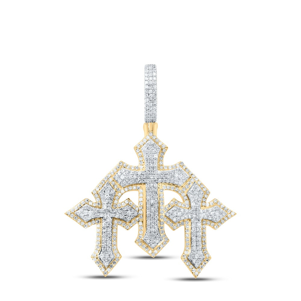 1.28 Ctw Natural Diamond 3 Three Cross Religious Pendant in 10k Yellow Gold
