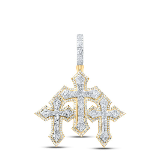 1.28 Ctw Natural Diamond 3 Three Cross Religious Pendant in 10k Yellow Gold