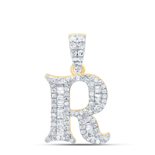 0.35 Ctw Natural Diamond Bagguette Initial Letter R Pendant in 10k Yellow Gold
