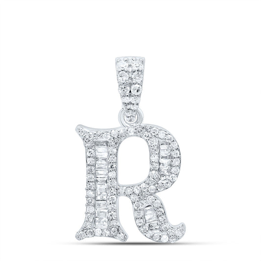 0.32 Ctw Natural Diamond Bagguette Initial Letter R Pendant in 10k White Gold
