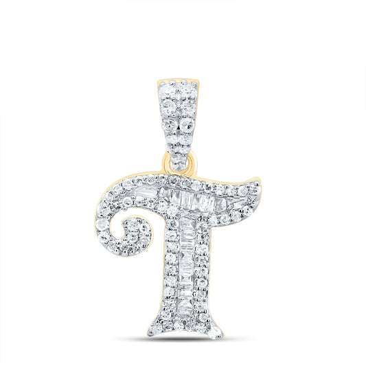 0.28 Ctw Natural Diamond Baguette Hiphop Initial Letter T Pendant in 10k Yellow Gold