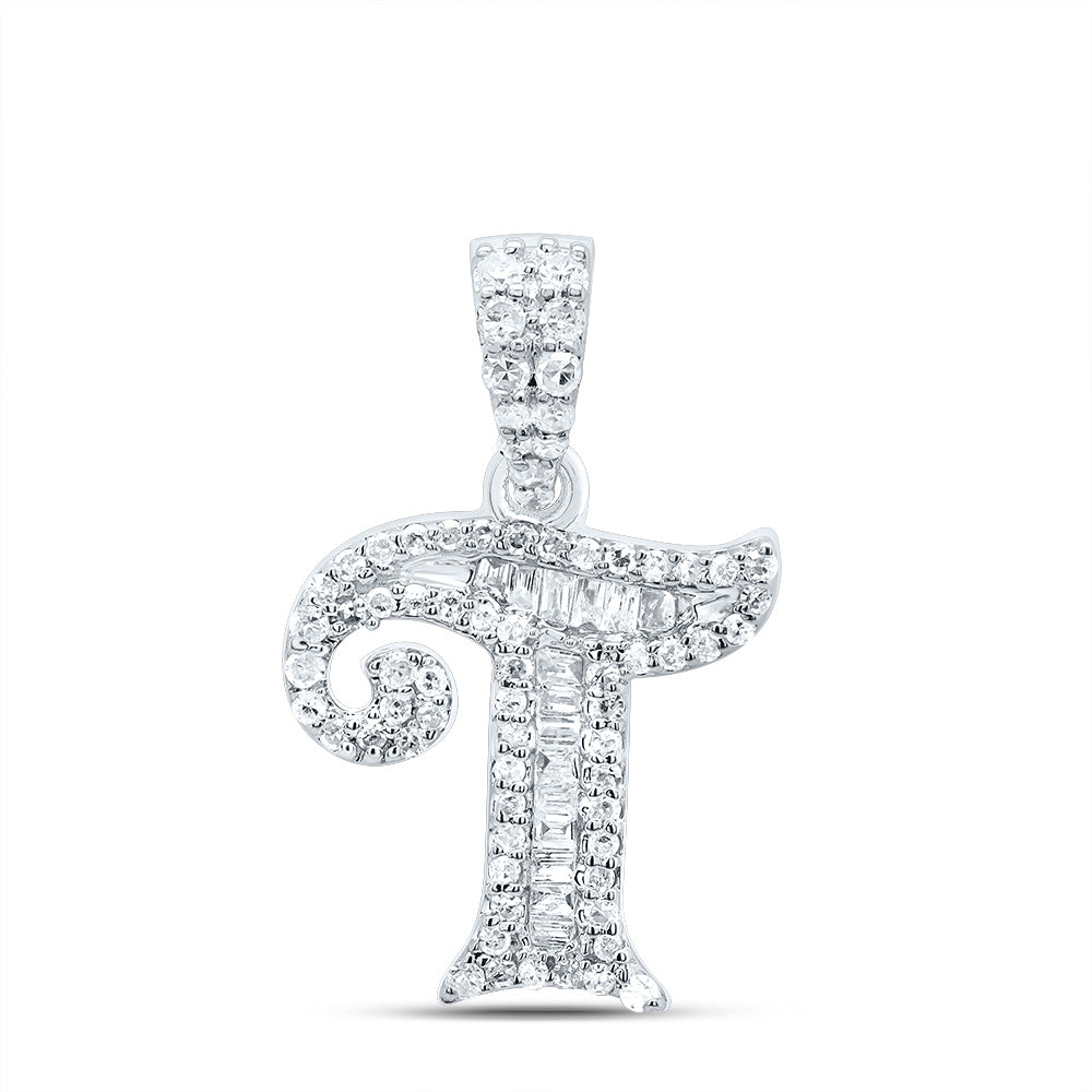 0.3 Ctw Natural Diamond Baguette Hiphop Initial Letter T Pendant in 10k White Gold