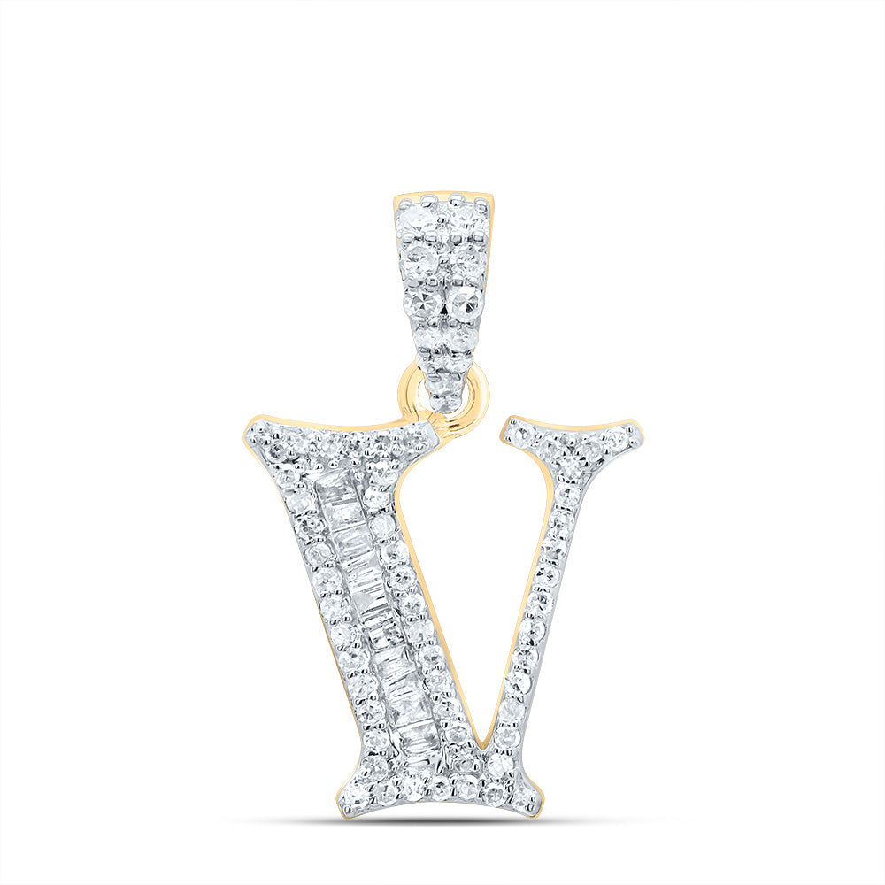 0.24 Ctw Natural Diamond Baguette Hiphop Initial Letter V Pendant in 10k Yellow Gold