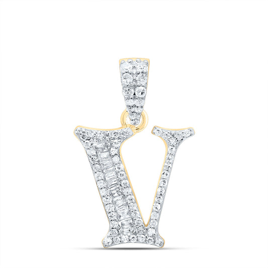 0.24 Ctw Natural Diamond Baguette Hiphop Initial Letter V Pendant in 10k Yellow Gold