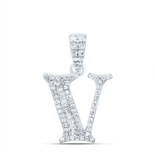 0.24 Ctw Natural Diamond Baguette Hiphop Initial Letter V Pendant in 10k White Gold