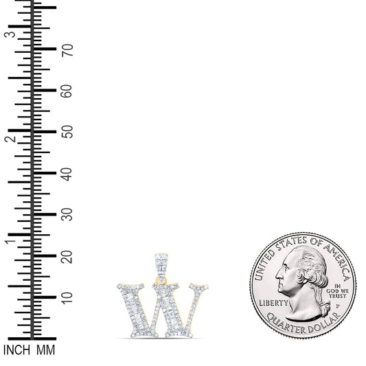 0.41 Ctw Natural Diamond Bagguette Initial Letter W Pendant in 10k Yellow Gold