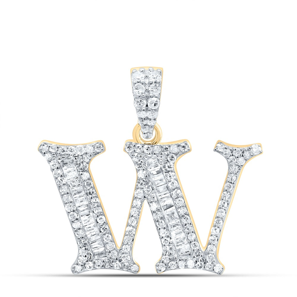 0.41 Ctw Natural Diamond Bagguette Initial Letter W Pendant in 10k Yellow Gold
